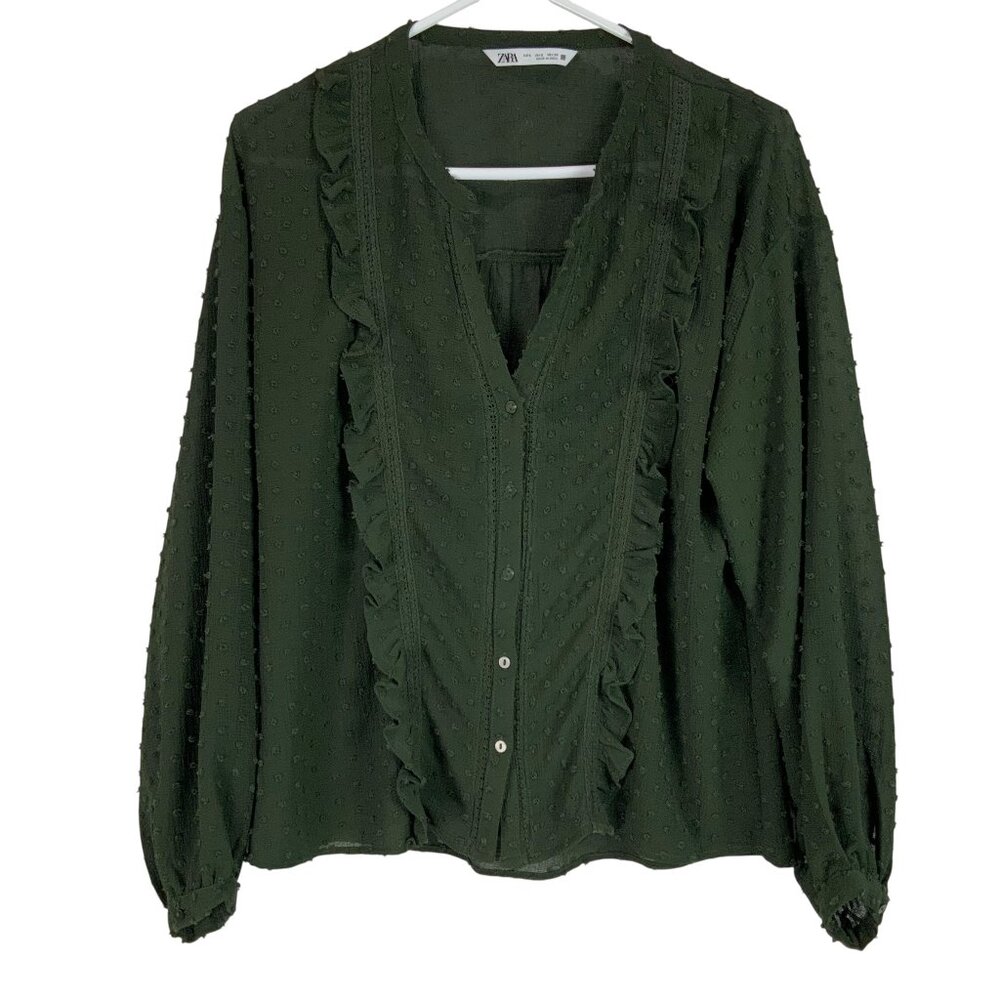 Zara Green Long Sleeve Ruffle Front Swiss Dot Sheer V-Neck Button Up Top Size S